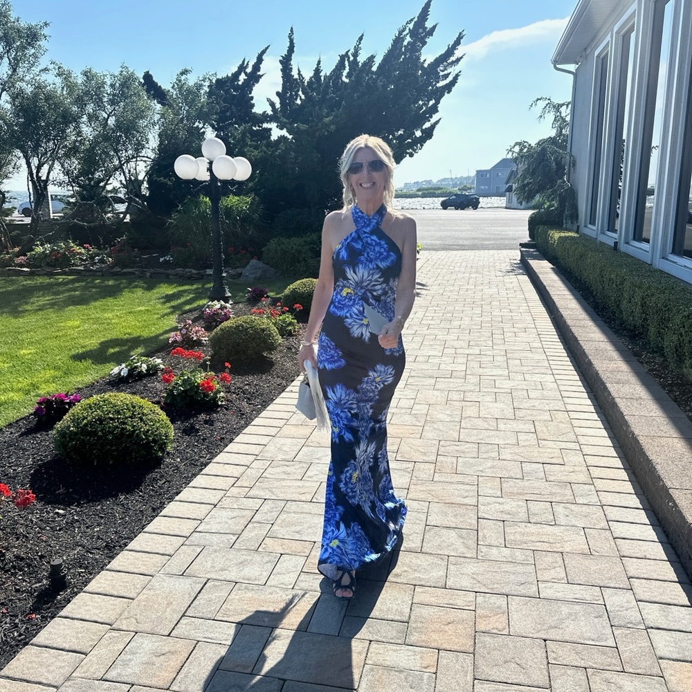 Floral Halter Maxi Dress - Blue with yellow accents